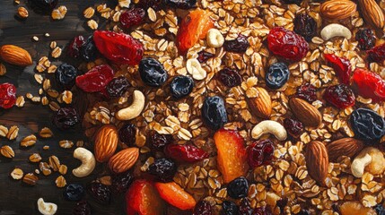 Wall Mural - Oil painting depicting a vibrant and crispy granola blend featuring honey nuts dried fruits and grains Captivating healthy food imagery showcasing oatmeal granola