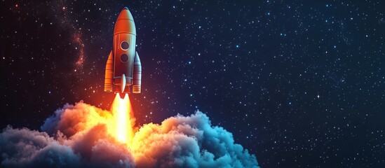 Poster - 3D cartoon rendering of a technological shuttle rocket launching with fire and smoke into a starry sky The spaceship ascends into the dark space filled with stars Science and transport concept