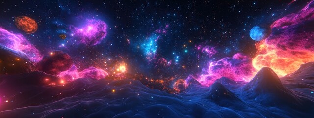 Aufkleber - 360 degree space nebula panorama with equirectangular projection environment map and HDRI spherical panorama in a 3D cartoon rendering featuring a space background filled with nebula and stars