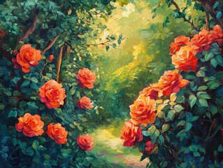 Canvas Print - Oil painting showcasing vibrant red rose bushes in a lush setting