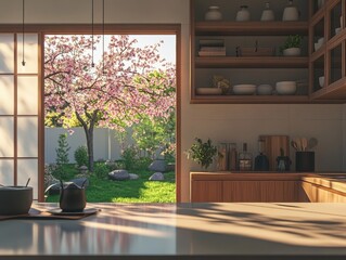 A minimalist japandi monochrome style kitchen with wallnut accent with a kitchen with a window overlooking a japanese garden with japanese cherry blossom tree