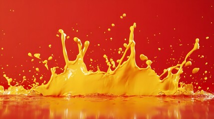 Yellow Paint Splashes on Red Background, Abstract Image, Texture, Pattern, Wallpaper, Cover and Screen of Smartphone, PC, Laptop, 9:16 and 16:9 Format