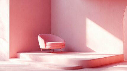 Poster - Abstract pink studio mock up featuring minimal geometric shapes with a pink armchair and sofa on a podium platform illuminated by sunlight and sheer materials 3D rendering