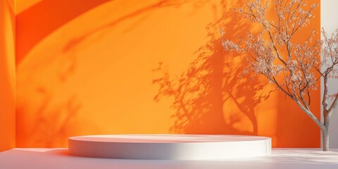 Poster - Minimalist background featuring a podium against an orange wall Luxurious architectural interior design Creative mockup of a product display stage 3D rendering