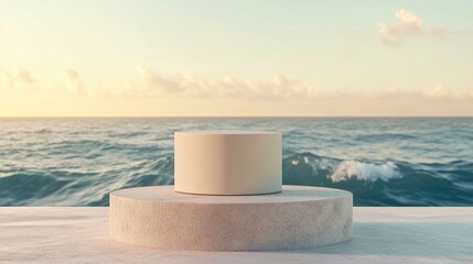 Poster - Natural beauty podium backdrop featuring a cylindrical box for showcasing cosmetic products Abstract 3D scene composition with a seascape backdrop