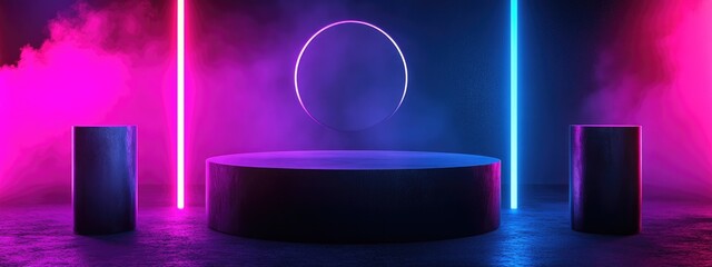 Poster - Glossy black podium in a studio setting Stage backdrop featuring a round pedestal and square frame accompanied by two cylindrical blocks representing an abstract minimal concept Elegant minimalist