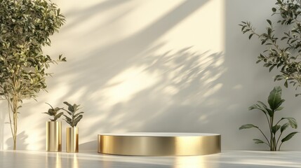 Poster - Gold cylinder plant shadows on the wall and podium set against a white background Product display area with a circular platform for showcasing items 3D rendering