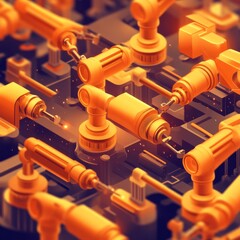 Abstract industrial background with robotic arms working in unison on a production line.