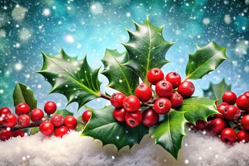 Vibrant red and green festive holly, berries, and snowflakes adorn a snow-covered winter wonderland scene, perfect for holiday greeting cards, invites, and promotional materials.