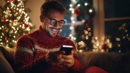 Poster - Holiday joy: Man texts on phone during Christmas.