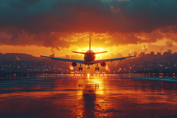 Poster - A plane taking off against the backdrop of a sunset, the motion creating a dynamic contrast with the still horizon. Concept of travel and powerful ascent.