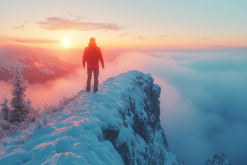 Sticker - A person reaching the summit of a mountain, their face lit up with a sense of accomplishment and wonder. Concept of achievement and natural beauty.