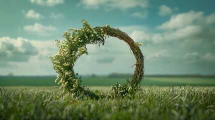 Outdoor photo of 1st may wreath, open on top right side of its perimeter, in front of a green field 