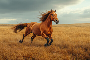 Poster - A horse galloping across an open field, its mane and tail flowing in the wind. Concept of freedom and dynamic strength.