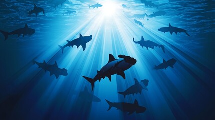 Wall Mural - Silhouettes of sharks swimming in the deep blue water, illuminated by rays of sunlight. A striking background featuring a hammerhead shark gliding through the ocean.