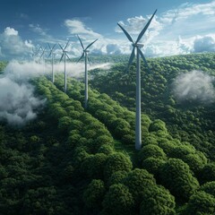 Aerial view of wind turbines in a lush green forest with clouds in the background.