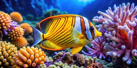 Vibrant sunburst butterflyfish swim amidst coral and sea anemones, displaying bright yellow and orange scales with bold black stripes, in a colorful ocean habitat.