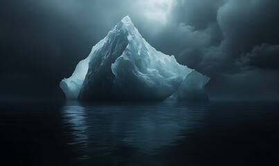 A Single Iceberg Floating in Calm, Dark Water Under a Cloudy Sky