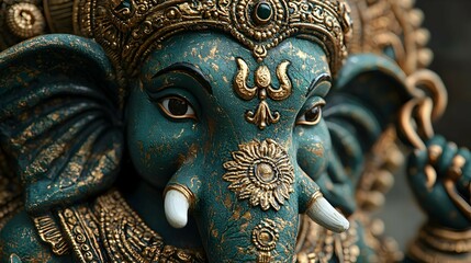 Wall Mural - Close up of Ganesha Statue with Teal and Gold Decor