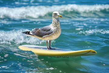 A sea gull balancing on a surfboard amidst the waves of the ocean surfing adventure