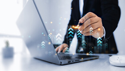 Leinwandbilder - Arrow up with graph corporate future growth plan.Businessman draw growth graph chart. Financial marketing graph grow chart.Business increase, profit, development and success. 