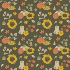 Wall Mural - Fall seamless pattern with pumpkin, sunflower and leaves. Autumn elements on dark background. Hand drawn repetitive illustration. Lino stamp style wallpaper art.