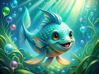 Wall Mural - Vibrant, whimsical illustration of a smiling, turquoise fish with iridescent scales, surrounded by swirling seaweed and shimmering bubbles in a bright, sunny underwater scene.