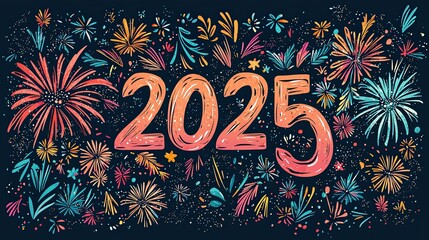 Wall Mural - Colorful fireworks explode against a dark sky, highlighting the year 2025 in large, vibrant numbers, representing celebration, joy, and the upcoming new year.