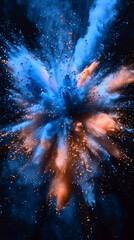 a captivating and immersive explosion of blue and orange powder on a deep black background, captured