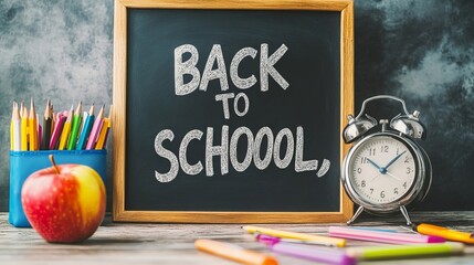 School supplies adorn a desk next to a chalkboard that says BACK TO SCHOOL  including an apple, alarm clock, and stationery. 