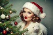 © Achiraya - Vintage-inspired festive fashion model posing seductively in a red Santa hat, white fur-trimmed coat, and holding a decorated evergreen tree branch with sparkling ornaments.