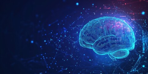 Abstract futuristic background with a digital brain and glowing elements on a blue color for a technology concept, an AI icon, or a web banner Generative AI