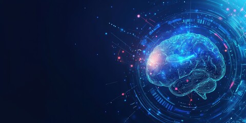 A blue background with an AI brain icon and futuristic elements, representing the power of artificial intelligence technology for digital marketing in web design Generative AI