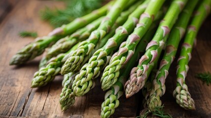 A bunch of fresh asparagus on a wooden table with a place for text.