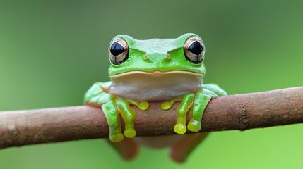 Canvas Print - A small green frog sitting on a branch with its eyes closed, AI