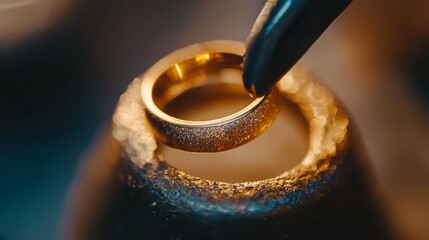 Close-up of a gold ring being worked on by a jeweler, with a tool holding it over a flame.  The image is a great representation of craftsmanship and the creation of fine jewelry.