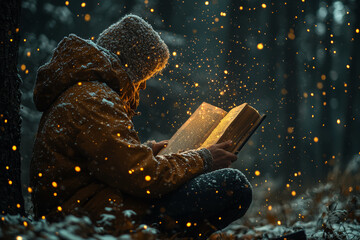 Poster - An adult reading a favorite childhood book, lost in the nostalgia of the story. Concept of reconnecting with past joys and timeless tales.