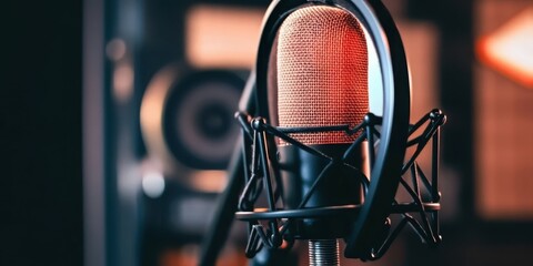 A close-up of a professional studio microphone, soft lighting on the mic and background, recording studio equipment in the background, warm toneS