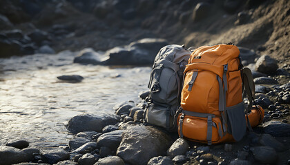 Wall Mural - Two backpacks sit on the rocks by a river, suggesting a journey through the wilderness.