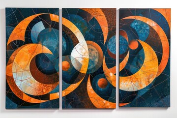 Wall Mural - Three vibrant abstract paintings featuring orange, blue, and black geometric shapes