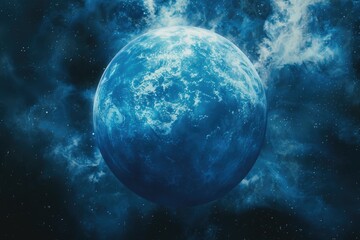Wall Mural - a blue planet is seen in the center of a galaxy, surrounded by stars and celestial bodies