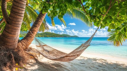 A hammock hangs between palm trees on a tropical beach.