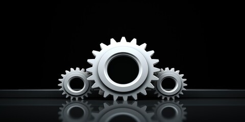 Three white gears on a Black background, laid flat, copy space concept for business technology and development in the abstract vector with copy space for photo text or product