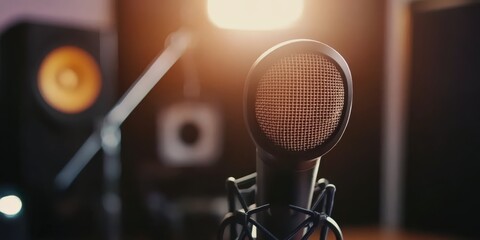 A close-up of a professional studio microphone, soft lighting on the mic and background, recording studio equipment in the background, warm toneS