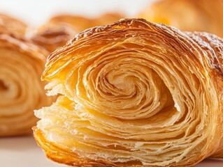 Close-up of flaky, golden brown pastries. Delicious, fresh baked, sweet treat. Perfect for breakfast or snack.