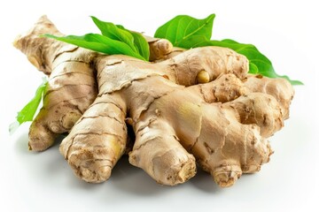 Poster - A bunch of fresh ginger with leaves on a clean white surface, ideal for cooking or photography