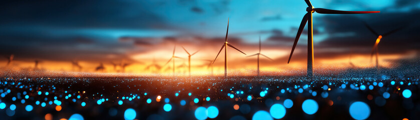 breathtaking landscape with wind turbines, shimmering blue lights, and a vibrant sunset, ideal for s