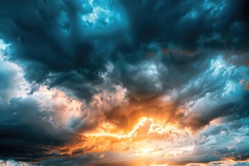 A beautiful sunset scene with the sun setting behind the clouds over the open ocean