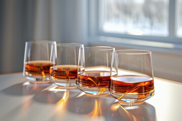 Wall Mural - Three glasses of whiskey sitting on a table, ideal for a bar scene or a social gathering