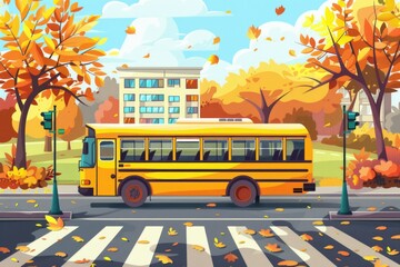 Canvas Print - A bright yellow school bus is driving down a busy street, with people and vehicles passing by